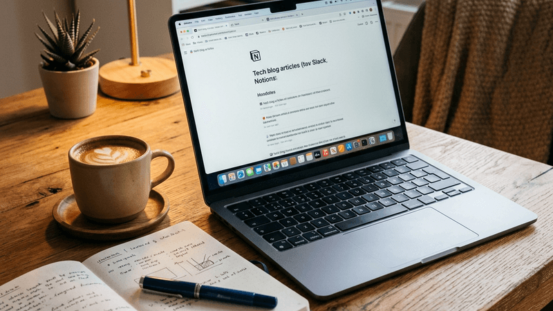 Sleek laptop on a wooden desk with coffee cup and notebook